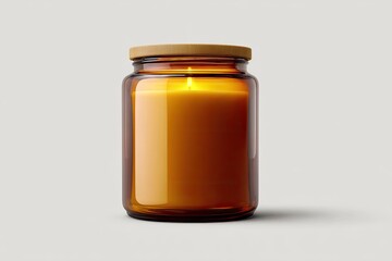 Amber glass jar candle, lit