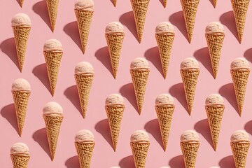 Patterned rows of ice cream cones with pink scoops cast shadows on a light pink surface