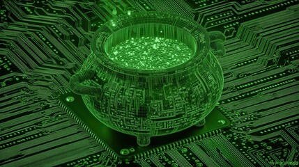 halloween technology concept.. A digital cauldron on a circuit board background.