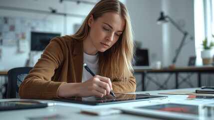 Creative young woman sketching on digital tablet in modern workspace focused environment artistic concept