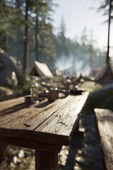 Fototapeta premium Rustic Wooden Table In Forest Campground