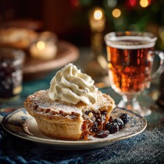 Festive mince pie with whipped cream