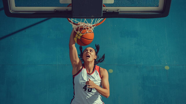 Basketball dunk action by female player urban court sports photography bright atmosphere dynamic perspective - Powered by Adobe