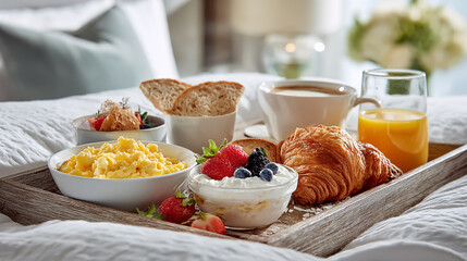 A bright and inviting hotel bedroom scene with a sunny window, featuring a breakfast tray filled with high-protein dishes fluffy scrambled eggs