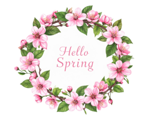 Hello Spring Floral Wreath with Pink Blossoms and Green Leaves, Round Frame Design, Isolated on Transparent Background
