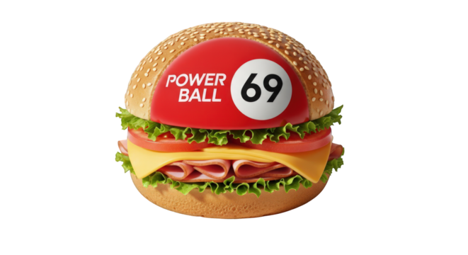 A cheeseburger with a Powerball lottery ticket bun against a greenscreen background.