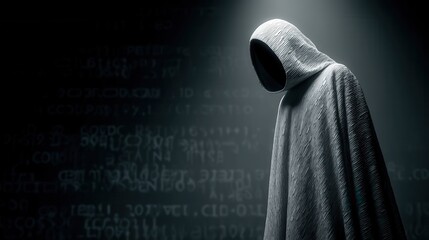 halloween technology concept.. Dark figure in a hooded cloak against a digital background.