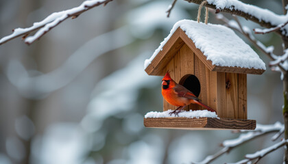 Wood birdhouse winter snow red cardinal pine branch cold season outdoor nature rustic wood