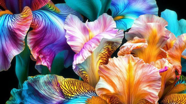 Colorful flower petals with vibrant patterns and textures showcase lively natural floral composition featuring orange, blue