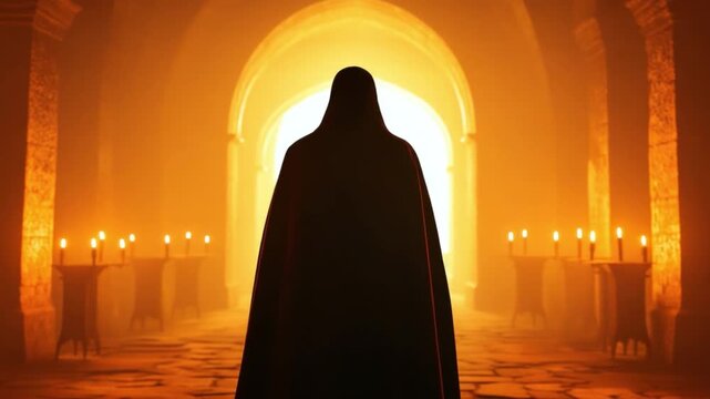 Mysterious Figure in a Dimly Lit Hallway Surrounded by Flickering Candles and an Aura of Enigma 4k video footage