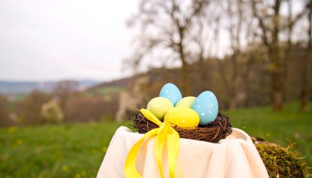 Colorful Easter Eggs in a Nest in a Rural Setting