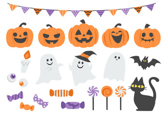 ハロウィンのイラストセット（カボチャ・おばけ・黒猫・キャンディ）