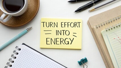 Inspirational Desk Scene with Coffee and Stationery Featuring Motivational Note about Effort and Energy