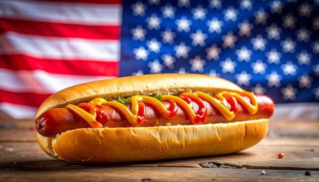 A hot dog with ketchup, mustard with an american stars and stripes flag. 4th July celebration food