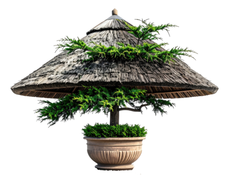 A bonsai tree under a thatched umbrella