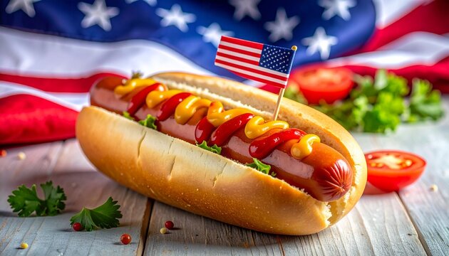 A hot dog with ketchup, mustard with an american stars and stripes flag. 4th July celebration food - Powered by Adobe