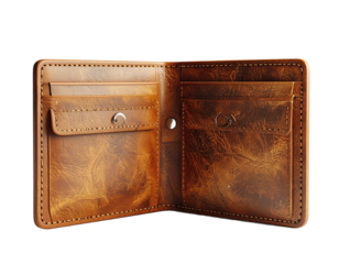 Open brown leather wallet