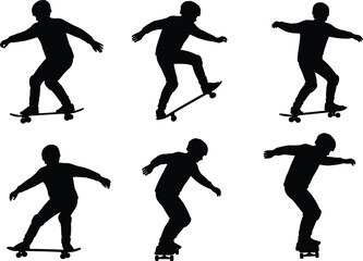 Silhouette of skateboarder performing tricks, balancing, jumping, freestyle skateboarding action, youth culture, extreme sport, urban lifestyle, outdoor recreational activity.