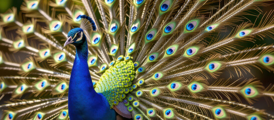 Obraz premium Majestic peacock displays full fanned tail of iridescent feathers, vibrant blue wildlife bird in stunning courtship display.