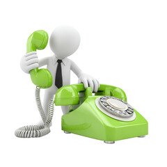 Green vintage rotary phone with figure on translucent background
