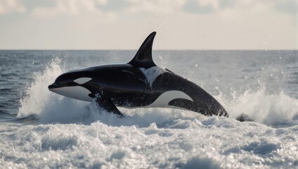 Fototapeta premium Orca breaching in ocean waves