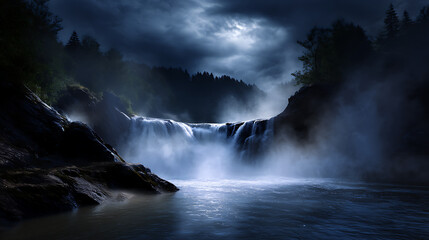 Obraz premium Dramatic Waterfall Cascading Under Moody Sky with Mist and Dark Rocks in Dim Light