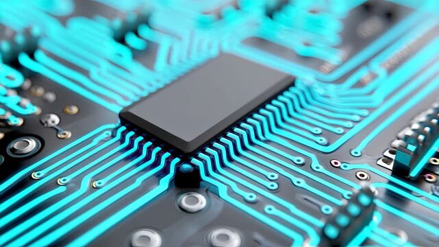 Microchip glowing blue circuit lines black electronic board close up showcasing modern technology innovation and electronic