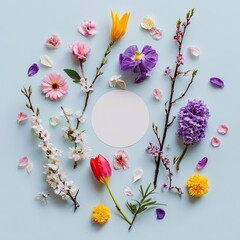 A vibrant flat lay of colorful spring blooms and a blank circular card against a blue background