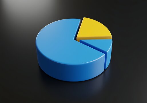 3D Pie Chart Presentation Showing Market Share and Business Growth with Blue and Yellow Segments on Dark Background