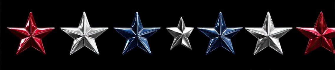 Seven metallic stars red, silver, and blue, arranged horizontally on a dark background