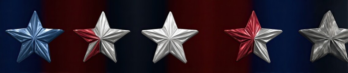 Five metallic stars displayed horizontally with red, white, blue and gradients on a matching background