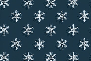 Geometric pattern of white snowflakes with drop shadows against a dark blue backdrop