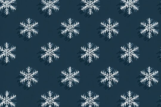 Geometric pattern of white snowflakes with drop shadows against a dark blue backdrop