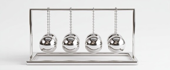 A shiny silver Newtonian cradle with four balls hanging from chains, resting on a white surface