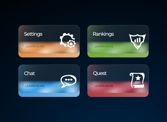 Glassmorphism Gradient Menu Card Pack &ndash; Settings Rankings Chat and Quest UI Elements for Mobile Game Interface, Dashboard Navigation, and Modern App Design with Gradient Buttons