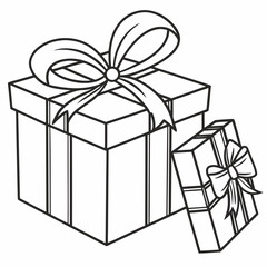 Two black and white line art drawings of gift boxes with bows one large and one small isolated on a white background