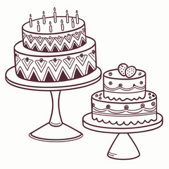 Two delicious tiered cakes with decorative patterns and candles one topped with strawberries presented on cake stands perfect for celebrations