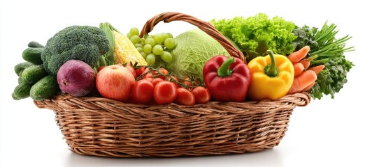 A woven basket overflows with a colorful assortment of fresh fruits and vegetables