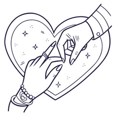 Two hands reaching towards each other over a stylized heart shape with sparkling stars and dots symbolizing love and connection