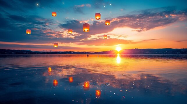 Sky lanterns reflecting on tranquil lake at sunset
