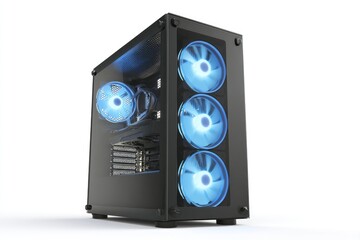Gaming PC case with glowing blue fans, glass side panel, components visible, white background