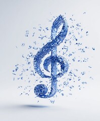 3D render of a blue treble clef exploding into musical notes against a white background