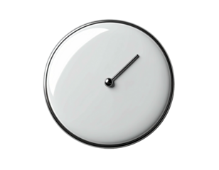 A minimalist white clock face with a silver bezel