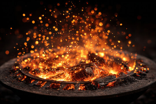 Fiery glowing ring with sparks on a detailed black background