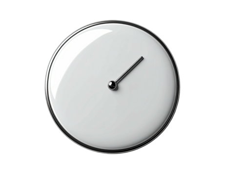 A minimalist white clock face with a silver bezel