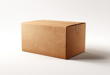 A closed brown cardboard box sits on a white surface, angled slightly towards the viewer