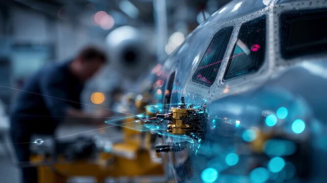 Medium shot of smart sensors attached to aircraft components clear and detailed in focus while the technician in the background remains out of focus highlighting sensor technology.