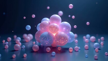 Glowing spheres cluster with sparkling particles and soft illumination bubbles glitter