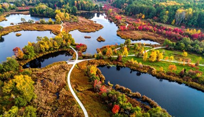 Aerial View of Autumnal Park with Winding Paths and Reflective Ponds in Afternoon Light Showcasing Vibrant Fall Foliage Colors Landscape Scenery