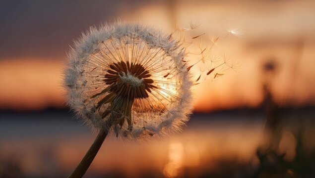 Close-up of a dandelion clock head with seeds blowing in the wind against a sunset backdrop